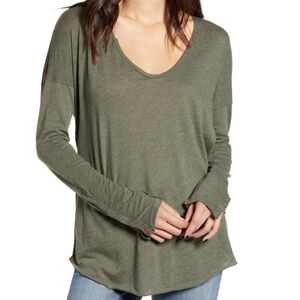 Free People Sienna Long Sleeve Top Scoop Neck Snap Cuff Slub Knut Green Small S